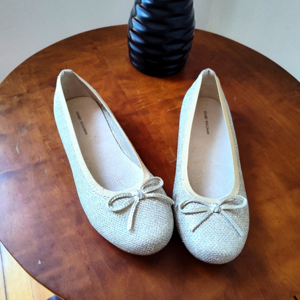 Stuart Weitzman Fannie Ballerina sparkly flats in platinum noir